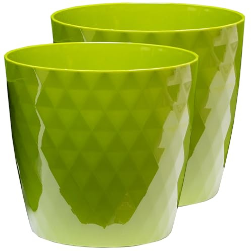 Home Garden Ornaments Plant Pots Indoor, 2 Pack, No Holes, Glossy Crystal Look, Decorative Plastic Planters (Green 18cm / 7.1 inch)