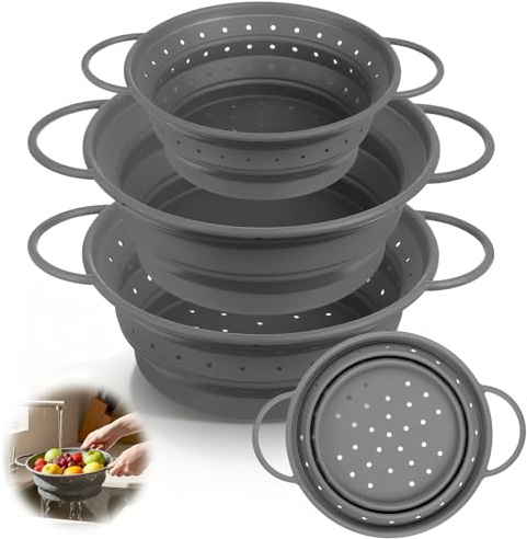 Afarnook 3 Pack Collapsible Colander with Strainer Bowl Set, 11 & 13 In BPA-Free Silicone Colanders for Kitchen, Heat-Resistant Space-Saving Strainer Dishwasher Safe Baskets for Vegetable Fruits(Grey)