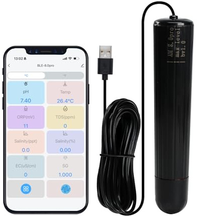 Water Quality Tester 7-in-1 WiFi Aquarium Probe Water Monitor for pH, Temp, TDS, Salinity, EC, ORP, S.G with Real-Time Alerts via App for Fish Tanks, Hydroponics, Pools