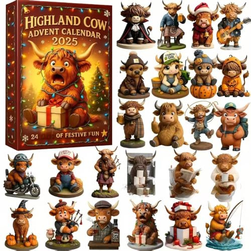 Highland Cow Advent Calendar 2025: 24 Days Christmas Countdown Calendar with 24 Pcs Mini Cow Ornaments, 3D Soft Gel Figurines for Xmas Decor, Gift for Cow Lovers, Friends, Family