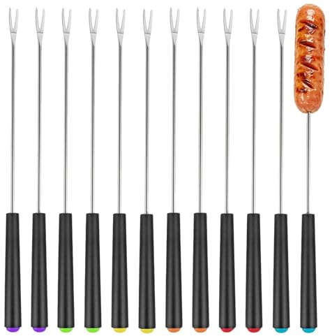 GIONAR 12 PCS Fondue Sets, Stainless Steel Fondue Sticks with Heat-Resistant PPC Handles, Fondue Forks for Chocolate/Cheese Fondue, Marshmallow Toasting, BBQ, 9.45 Inch