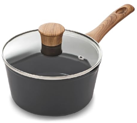 Blackmoor 18cm Saucepan with Tempered Glass Lid/Wood Effect Bakelite Handle/Non-Stick Ceramic-Coated Pan, PFAS-Free, Suitable for All Hob Types/Sherwood Classic Range 65279