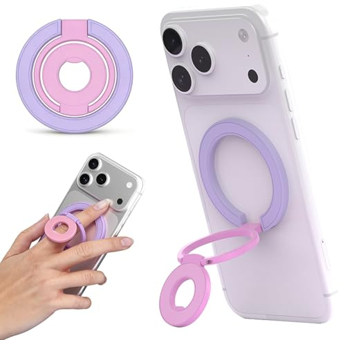 Ysnzaq Magnetisk mobiltelefonring hållare, dubbelsidig magnetisk, stor liten magnetisk ring design, tvåfärgat mobiltelefonhandtag stativ för iPhone-serien och Galaxy S26 och alla smartphones lila rosa