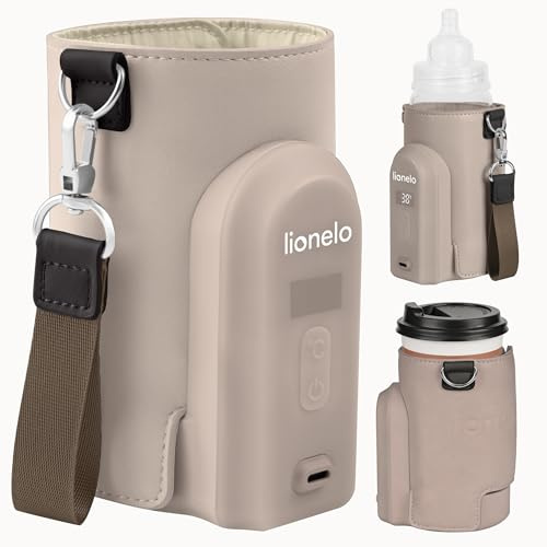 LIONELO Thermup Go Evo Bärbar Flaskvärmare för Resor, USB-C Laddning, 5 Temperaturer 38–50 °C, Passar Alla Flaskor 50–80 mm, upp till 9 h Drift, LCD Display, Säker Sensor, för Bil och Promenad
