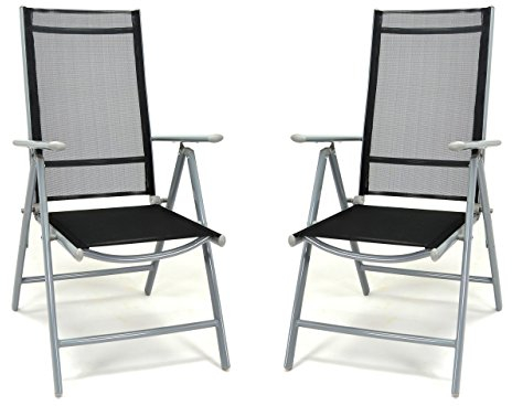 Nexos 2er Set Klappstuhl schwarz Aluminium 7-Fach-verstellbar Gartenstuhl mit Armlehne witterungsbeständig stabil leicht Hochlehner Rahmen Silber Terrasse Balkon