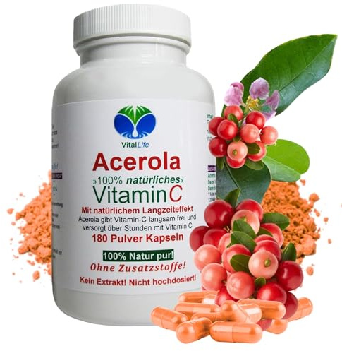 Vitamin-C ACEROLA rein natürlich 180 Kapseln - NATÜRLICHER Langzeiteffekt. Hohe Bioverfügbarkeit dank Bioflavonoide, Antioxidantien uvm. NICHT aus EXTRAKT. NATUR pur. OHNE Zusatzstoffe. 26389-180