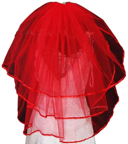 Orcle - Velo corto de novia de tul para mujer, 3 niveles, diseño de velo de novia - rojo - Talla única