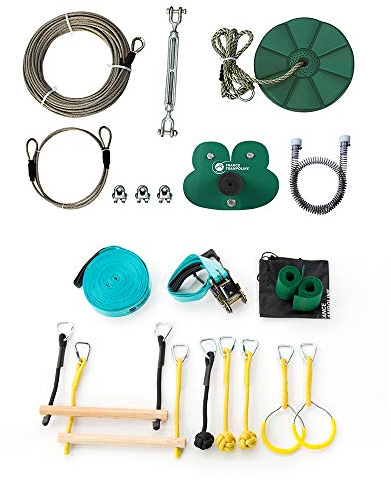 Frane Trampolin – Set Seilrutsche Frog 28 m + Ninja-Parcours mit Slackline 15 m + 7 Hindernisse für Kinder, Outdoor-Spiele zum Installieren zwischen 2 Bäumen