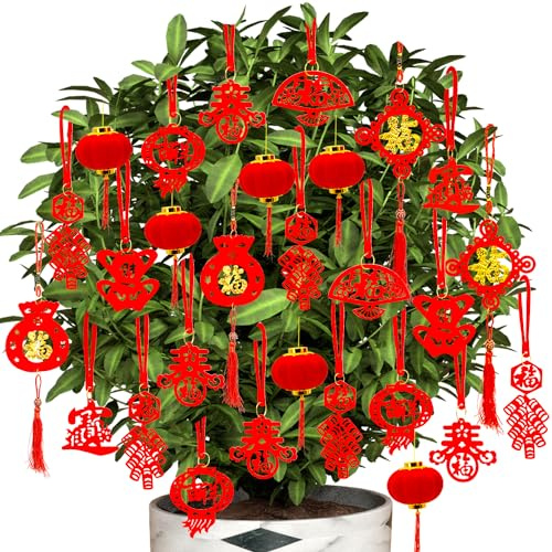 Doumeny 58PCS Chinese New Year Decorations Set 2026 Spring Festival Mini Hanging Horse Pendant Chinese Knot Small Red Lantern Good Luck Fu Ornaments for New Year Office Home Tree Outdoor Indoor Decor