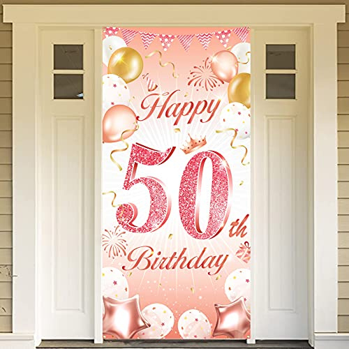 DPKOW Rose Gold 50. Geburtstag Dekoration Frau, Rosé Gold Hintergrund Banner für Frau 50. Geburtstag Deko Tür Garten Tisch Wand Deko, 185 x 90cm