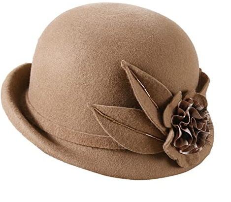 GIBZ Bowler Hut Damen Winter Warm Slouchy Cap Retro Curled Top Hüte mit Blume Braun