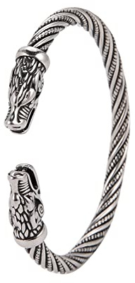 Amaxer Viking Nordic Fenrir Wolf huvuden Odin korvkråka drake öppet manschettarmband i rostfritt stål, starkt amulett smyckesskydd för män och kvinnor, Einstellbar, Rostfritt stål