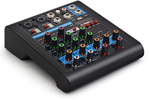 FGHSD Professional Sound Mixer Board, 4-Channel Sound Mixer Effect Console DJ Mixing 48V Phantom Power Bluetooth USB Audio Mixer for PC Party Studio Recording