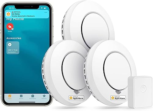 Meross Rilevatore di fumo WiFi , Rilevatori di fumo per la casa, rilevatore di fumo intelligente con hub, compatibile con Apple HomeKit, con silenziosità e autotest, testato secondo EN 14604, Pezzo 3