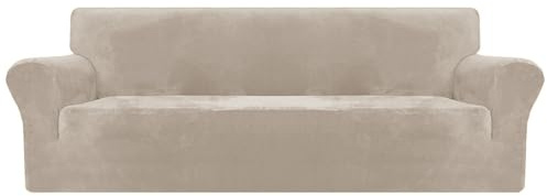 XINEAGE Samt Sofaüberzug 4 Sitzer, Stretch Sofa überzug für Wohnzimmer, Dicke Weiche Sofaüberwurf, Rutschfester Sofa Cover für Hunde, Haustiere (4 Sitzer, Khaki)