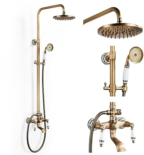 SINKTORY Columna Ducha Latón Retro Set De Ducha Antiguo Sistema de Ducha Altura Regulable 70-120cm, Columna de Ducha con Cabezal de Ducha de Lluvia, Ducha de Mano, Grifo de Ducha de Baño