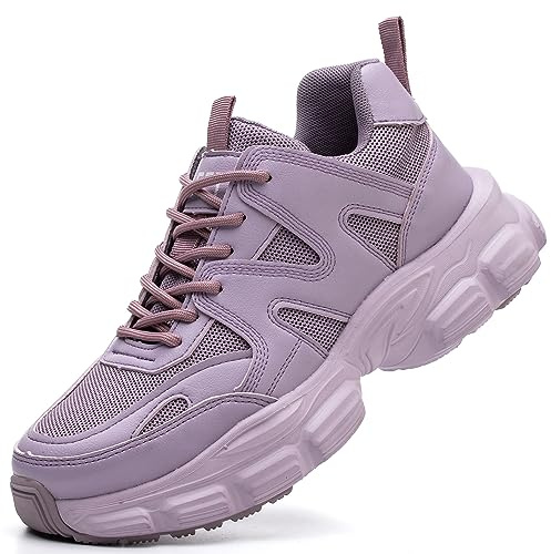 COOU Steel Toe Cap Trainers Safety Shoes for Women Non Slip Puncture Proof Lightweight Work Boots Purple