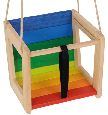 Bunte Holzschaukel Regenbogen für Kleinkinder | Babyschaukel aus Massivholz mit Sicherheitsbügel