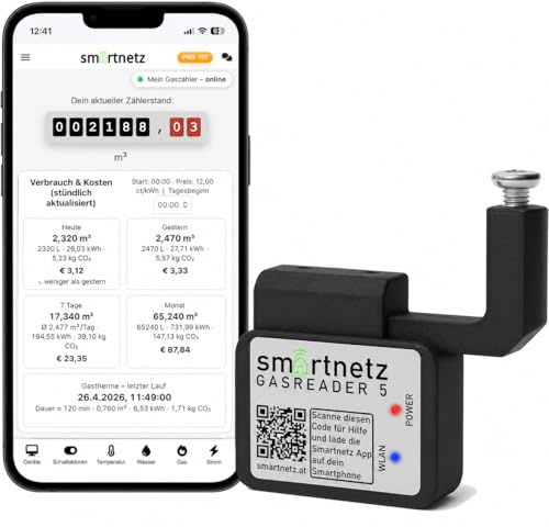Smartnetz Gaszähler Reader – Gasverbrauch & Kosten live in der App – Plug & Play für BK Gaszähler – WLAN Smart Gas Meter