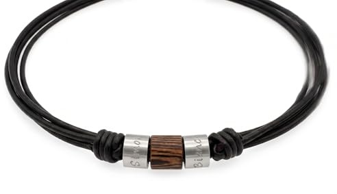 Timbalino Individuelle Herren Lederkette mit Handgefertigtem Personalisierten Anhängern aus Edelstahl und Holz