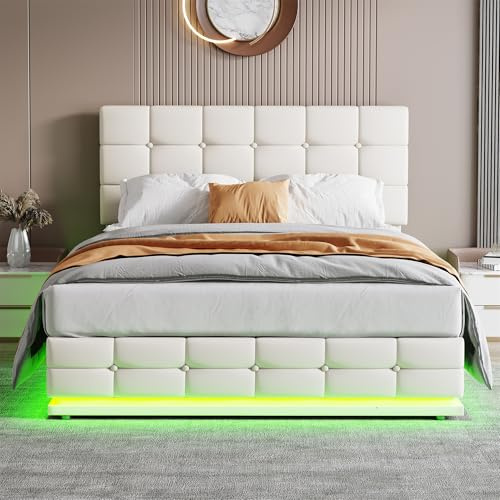 BTM 4FT6 Bed Frame Double, PU Faux Leather Bed frames with LED Lighting, Upholstered Bed Frame with Gas Lift Large Storage, Double Frame Double Bed Button-tufted
