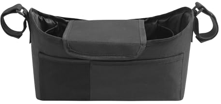babycab Organizer schwarz - passend für Kinderwagen, Buggys und Sportwagen - 2 seitliche Taschen für Trinkflaschen - Klappe mit Klettverschluss - einfache Befestigung mittels Klettbändern