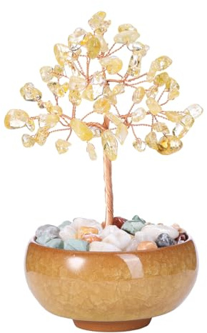 Jovivi Cristal Arbre de Vie Pierre Naturelle Gemme Feng Shui Figurine avec Base Bol de Céramique Guérison Reiki Cristaux Équilibre Décoration Ornement (Citrine)