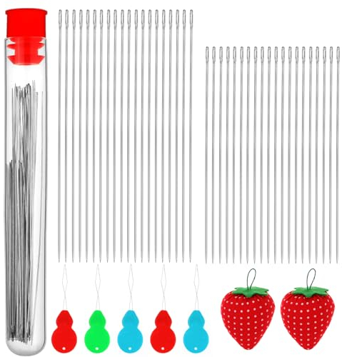 40 Stück Perlennadel Set Sticknadeln Dünn Lange Gerade Perlenfadennadeln mit Nadeleinfädler Nähnadelkissen Nadelflasche für Perlen Armbänder Schmuckherstellung