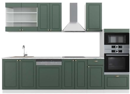 Vicco Küchenzeile Fame-Line, Grün-Gold Landhaus/Weiß, 300 cm mit Hochschrank, AP Marmor