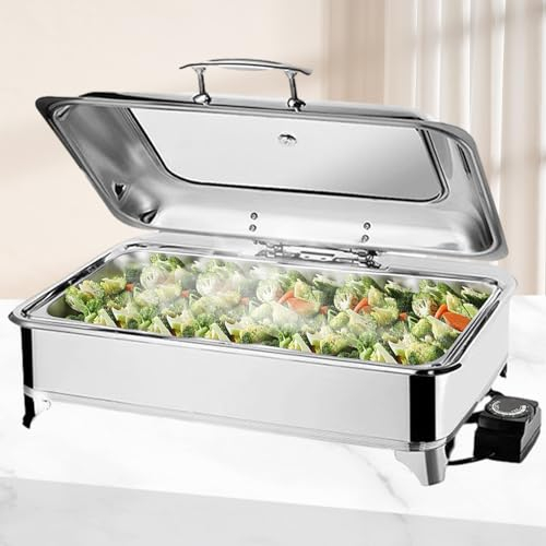 BOVDC Chafing Dish Elettrico, 9L Scaldavivande Elettrico per Buffet Acciaio Inox, Chafing Dish Buffet Elettrico Temperatura Regolabile con Coperchio in Vetro Trasparente per Buffet(A, Full Pan)