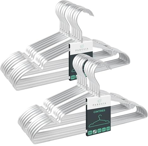 Parusia Kleiderbügel Silber, 42cm breit, 1cm stark, Kleiderbügel Metall rostfrei, formstabil, zur platzsparenden Kleideraufbewahrung & Organisation von Kleiderschrank, Kleiderständer (20)