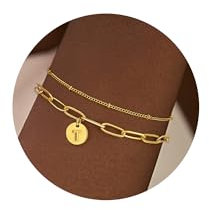 TINGN Armband Damen Gold - 18 Karat Vergoldete Geschichtet Büroklammer Kette Armbänder Gold Armband mit Buchstaben T Armband Personalisiertes Monogramm Scheiben Buchstaben Armband Gold Schmuck Damen