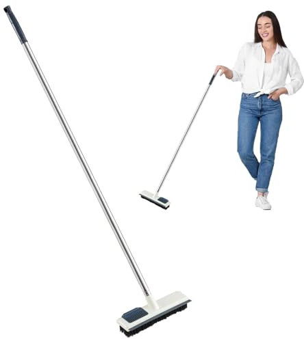 Sweeping Floor Brush, Floor Broom, Stiff Bristle Broom, Heavy Duty Stiff Bristle Floor Brush with Squeegee and Adjustable Long Handle Sweeping Brush for Kitchen, Stone, Tile Floor