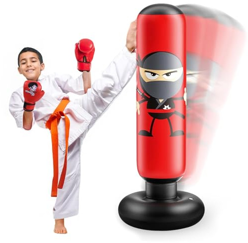 Free Standing Punch Bag with Gloves - 63 Inch Inflatable Punching Bag for Kids' Karate & Taekwondo Training, Boxing Bag for Children, Kids' Boxing Set, Birthday Gift
