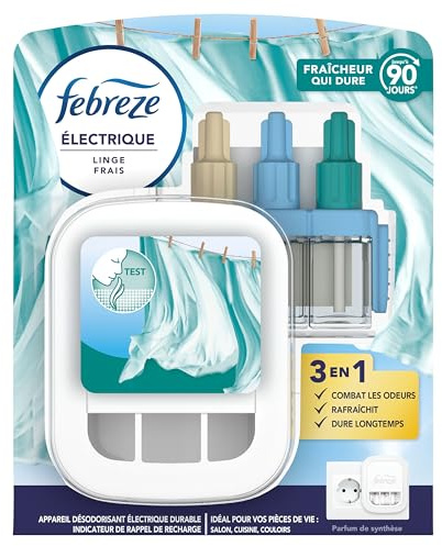 Febreze 3Volution Frischwäsche-Starter-Set, elektrischer Lufterfrischer, Diffusor + Nachfüllpack 20 ml, 3 Düfte im Wechsel, bekämpft kontinuierliche Gerüche, bis zu 90 Tage lang