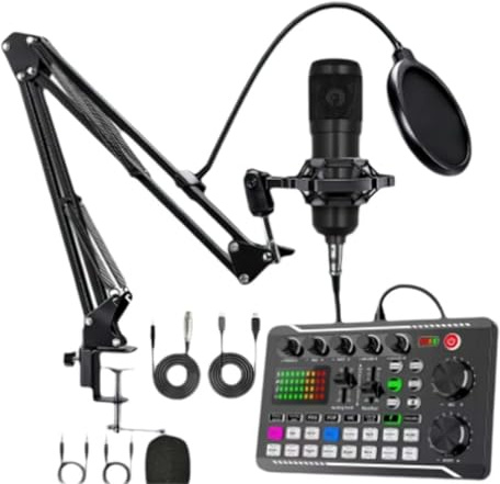 F998 Carte son en direct, carte son en direct avec effets de mixage DJ et changeur de voix, 16 sons d'ambiance à effets spéciaux, suppression du bruit, pour karaoké Tiktok YouTube Live Streaming