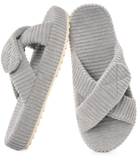 Mujer Zapatillas Cómoda Espuma de Memoria Pana Banda Cruzada Antideslizante Pantuflas Casa,Gris,39/40 EU,Etiqueta 40-41