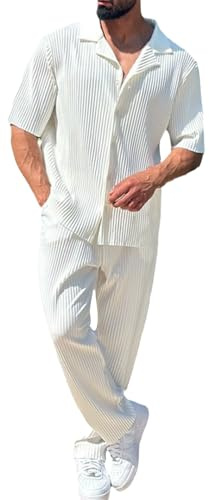 PODOLIXIA Traje de verano de dos piezas para hombre, traje de ocio, juego de lounge monocolor, camisas de manga corta y pantalones de ocio, traje de verano para hombre, traje de verano de 2 piezas