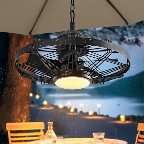 TRUYOK Outdoor Ceiling Fan, IP65 Waterproof Gazebo Fan with Light with Remote Control 20 Dimmable Ceiling Fan with Lamp Plug in Caged Ceiling Fan with Hanging Hook for Patio, Porch, Canopy