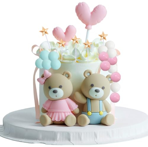 Pink Blue Bear Cake Topper, 3D Te-ddy Bear Cake Decoration, Love Te-ddy Bear Cake Decoration, Happy Birthday Baby Shower Birthday Cake Decorations - 24PCS