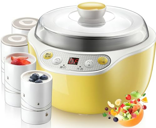 Yaourtière automatique 1000 ml avec 4 tasses en céramique, 20 W, affichage LED, fermentation thermostatique à 360° et minuterie, idéale pour la fabrication de yaourts et de fromages à la maison