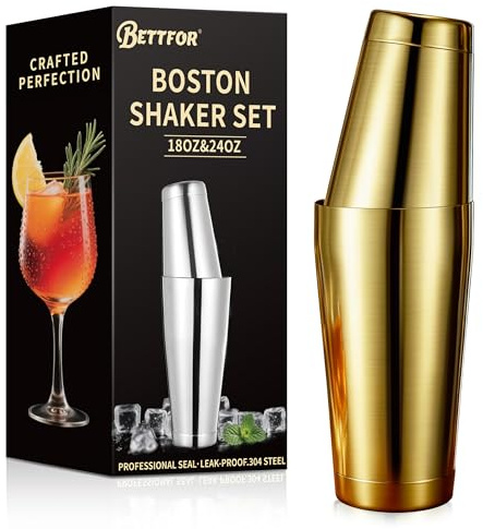BETTFOR Boston Shaker Set, 18oz & 28oz 2-Piece Tins, Professional 304 Stainless Steel Cocktail Shaker with Leak-Proof Weighted Base for Bartending, Home & Bar Use (Gold)