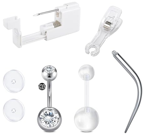 LAURITAMI Set per piercing all'ombelico con pistola, set per piercing ombelico con ombelico bar in titanio 14G, ago in acciaio inossidabile, pinze, strumenti,all'ombelico fai da te, set da 7 pezzi
