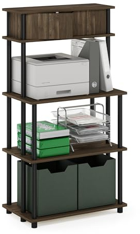 Furinno TURN-N-TUBE Printer Stand with Storage, 5-Tier Large Printer Stand, Printer Table with Top Cabinet, for CPU, Office Supplies, Brown Walnut
