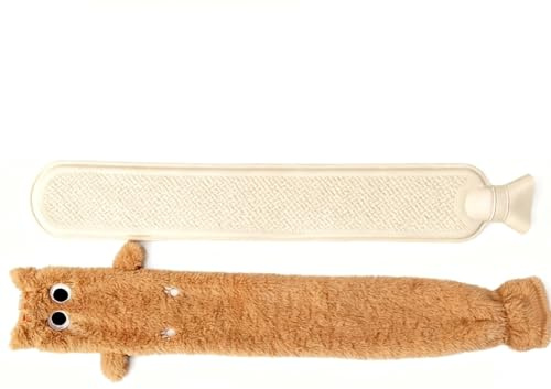 Wärmflasche Lang, Nackenwärmflasche mit Weichem Bezug, 2L 75x12 cm Schlauch Wärmflasche mit Bezug für Rücken & Taille, Abnehmbare und Waschbare Wärmflasche(Orange/Katze)