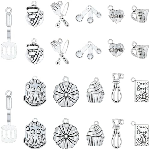 SUNNYCLUE 1 Box 66Pcs 11 Styles Baking Themed Charms Silver Cooking Charm Bulk Metal Alloy Antique Kitchen Bakery Cupcake Eggbeater Tableware Pendants for Jewelry Making Necklace DIY Craft Supplies