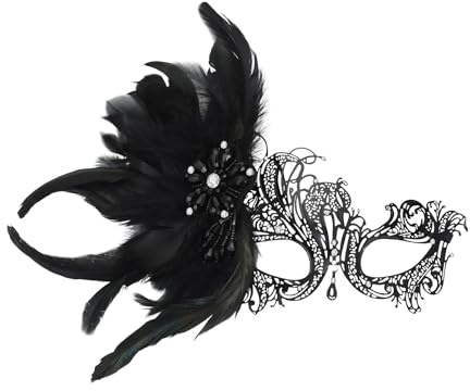 JewelryWe Venezianische Maske für Damen Gothic Metallmaske mit Langen Federn Glitzer Strass Halbmaske Punk Augenmaske Ballmaske Kostüm Accessoire für Mottoparty Fasching Halloween Cosplay