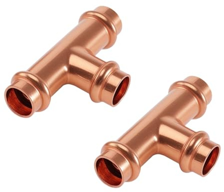 2 Stück Pressfitting T-Stück, Kupfer T-Stück 15x15x15 mm | 15mm Kupfer Press Fitting, Pressfitting für Trinkwasser & Heizung, zum Verpressen V Kontur, Für Rohr-Aussendurchmesser 15mm