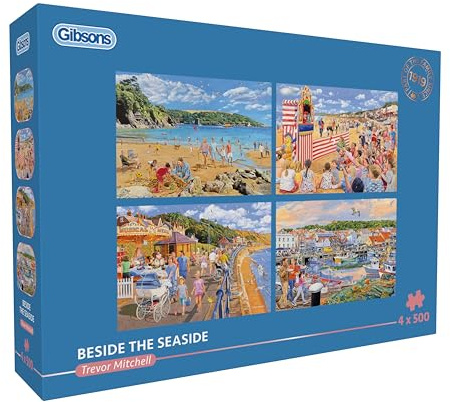 Gibsons Beside the Seaside 4 x 500 Piece Jigsaw Puzzle Set for Adults – Four Charming Summer Seaside Scenes by Trevor Mitchell – Family Beach Holiday Theme – Premium Multi‑Box Puzzle Collection