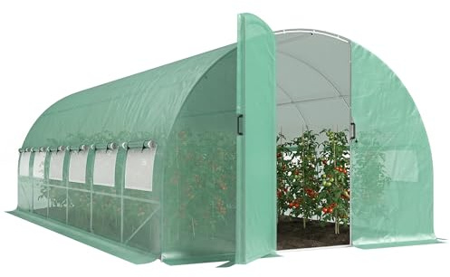 Outsunny Serre Tunnel de Jardin 18m², Serre de Jardin Tunnel 295x597x200cm avec Portes et 12 fenêtres avec moustiquaires, bâche PE Haute densité 140 g/m² prolongée de 20 cm, pour extérieur, Vert